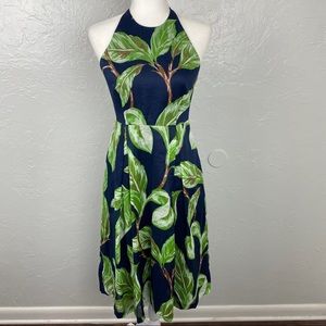 Ann Taylor navy/green tropical palm leaf halter dress size 4P